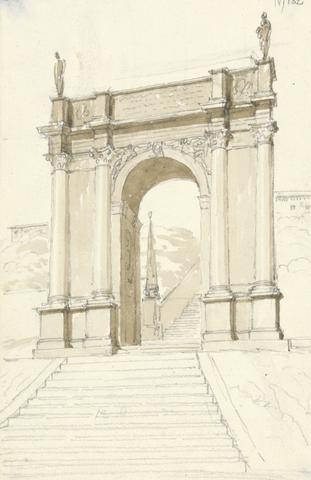 Sir Robert Smirke the younger Arched Gate at the Landing of a Multi-Tiered Staircase