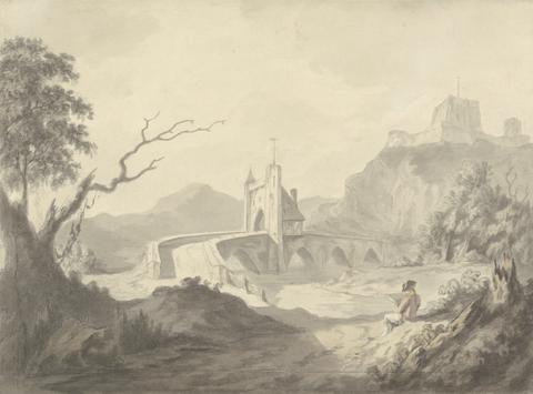 Samuel Davis River Scene and Bridge with Artist Sketching in Foreground