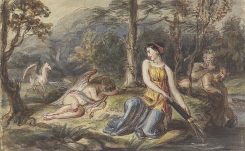 Diana, Goddess of the Hunt, with Satyrs, sleeping Cupid and a Pegasus in a Wooded Landscape