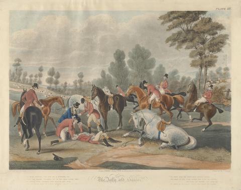 Henry Papprill Fox-Hunting [set of four]: "The Jolly Old Squire" - Plate III. "We were hunting the fox on a lowering day, / with the Squire spurring up on his high-flying grey; ..."