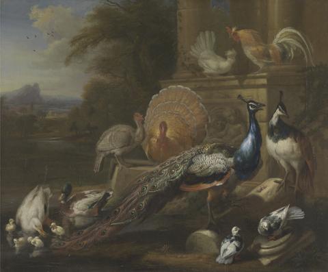 Marmaduke Cradock Peacocks, Doves, Turkeys, Chickens and Ducks by a Classical Ruin