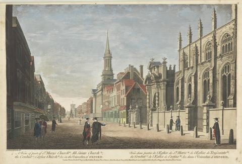 John Donowell A View of part of St. Mary's Church (a), All Saints Church (b), the Conduit (c), Carfax Church (d), & c. in the University of Oxford