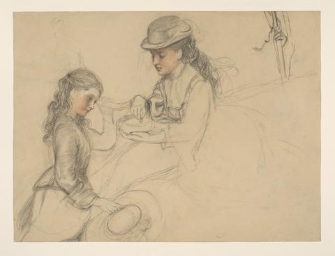 Frederick Sandys Study of two girls, with a study of a hand to the right