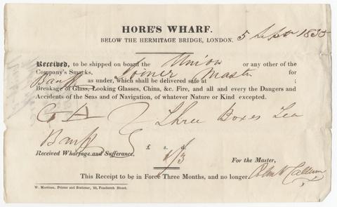 Hore's Wharf (London, England), creator. [Receipt for three boxes of tea to be shipped on board the Union]