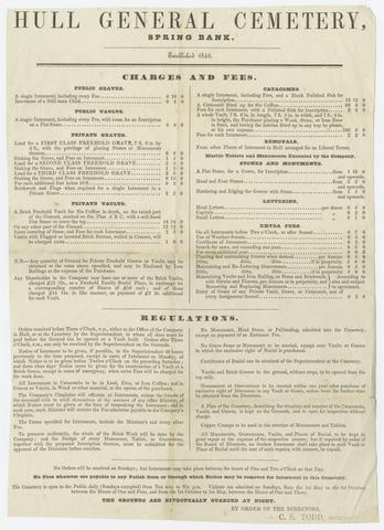 Hull General Cemetery (Kingston upon Hull, England), creator. [Advertisement for Hull General Cemetery, Spring Bank, citing charges, fees and regulations].