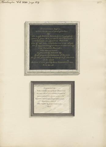 Daniel Lysons Memorials to Lady Letitia Poinez and Robert Cooper from Harlington Church