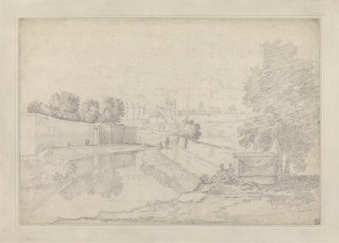 Italian Landscape with River Running Between High Wall at Left and High Bank at Right Towards a Small Town with Figures on the Banks