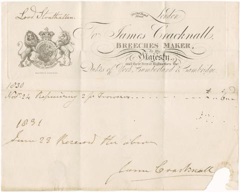 Cracknall, James, creator. Billhead of James Cracknall, clothier, London, for tailoring provided to Lord Strathallen, 1830.