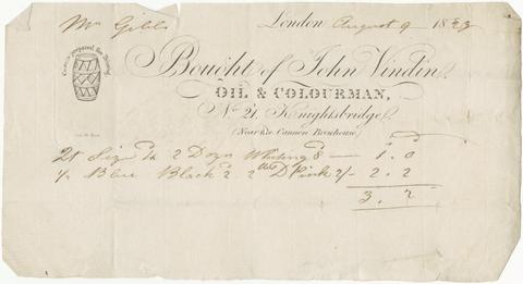Vindin, John, 1795-1852, creator. [Billheads of John Vindin, oil & colourman, Knightsbridge for purchases by Mr. Gibbs, 1823].