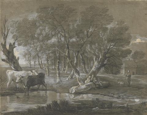 Thomas Gainsborough RA A Moonlit Landscape with Cattle by a Pool