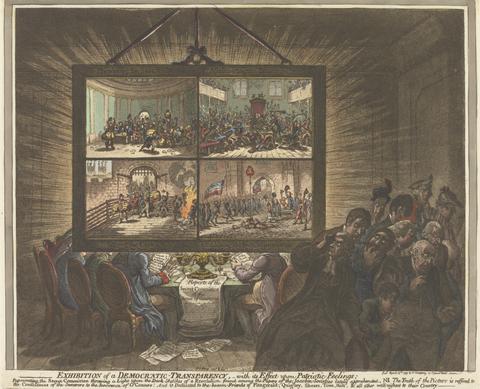 James Gillray Exhibition of a Democratic Transparency,-with its Effect upon Patriotic Feelings: Representing, the Secret-Committee throwing a Light upon the Dark Sketches of a Revolution found among the Papers of the Jacobin Societies lately apprehended...
