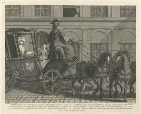Guillaume Philippe Benoist Pamela setting out in the travelling Chariot (for her Father's as She is made to believe) takes her farewel of Mrs. Jervis, and the other servants; Mr. B. observing her from the window; by whose private order she is carried into Lincolnshire