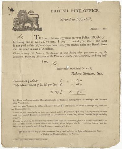 British Fire Office (London, England), creator. [Fire insurance policy for Mr. Robert Gibbs, March 1, 1808, from British Fire Office]