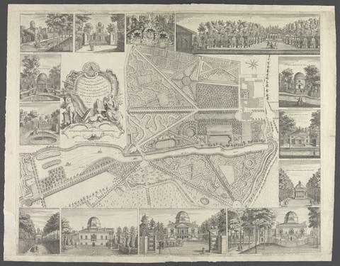 A plan of the house & gardens of His Grace the Duke of Devonshire at Chiswick : embellished with views of that magnificent structure and of the several temples & other ornaments, with references to their respective situations in the plan / by J. Rocque.