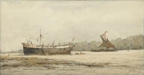 A Moored Barque and Barge in a River