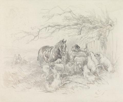 John Frederick Tayler Dismounted Rider Breaking Open a Fence for Foxhounds to Pass Through