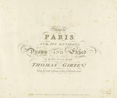James Girtin Half Title page for: Views in Paris and its Environs.