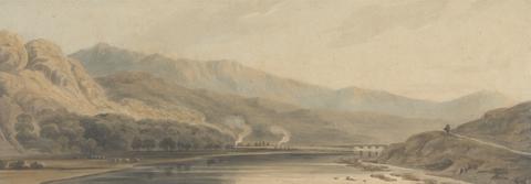 John Varley Mountainous Landscape, with River Flowing to Bridge in Distance, a Figure Right