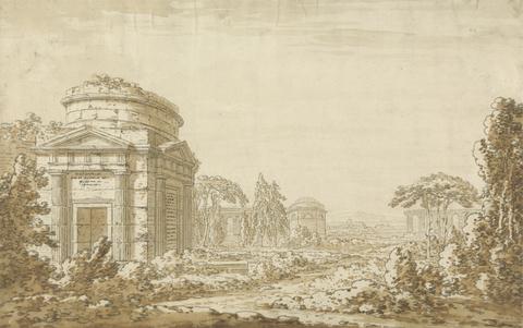 Richard Cooper the Younger Classical Italian Landscape with Temples and a Ruined Aquaduct