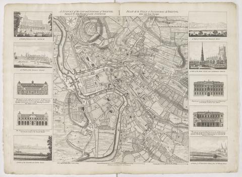 A survey of the city and suburbs of Bristol / survey'd by John Rocque ... = Plan de la ville et faubourgs de Bristol / levé par Jean Rocque.