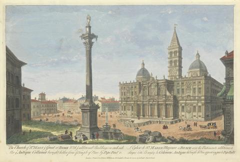 Carington Bowles The Church of St. Mary ye Great at Rome. With ye additional Buildings on each side. Also ye Antique Collumn brought hither from ye Temple of Peace, by Pope Paul V.