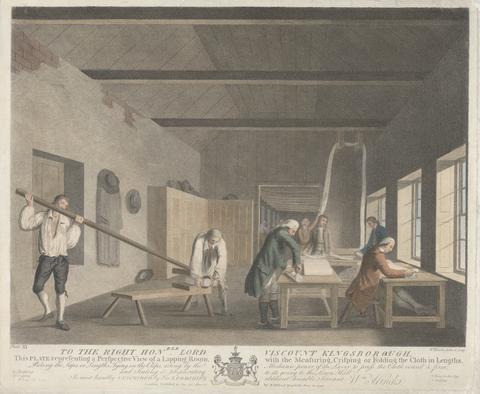 William Hincks Plate XI: A Perspective View of a Lapping Room, with the Measuring, Crisping or Folding the Cloth in Lengths, Picking the Laps or Lengths, Tying the Clips, acting by the Mechanic power of the Laver to press the Cloth round & firm, and Sealing it ...