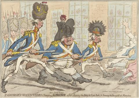 James Gillray St. George's Volunteers Charging Down Bond Street, After Clearing the Ring in Hyde Park, and Storming the Dunghill at Marybone