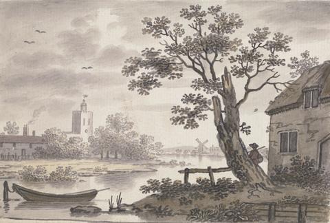 River Scene with Church, Cottage and Windmill