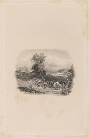 Man Driving four Horse Wagon through a Gate, Village and River in Distance