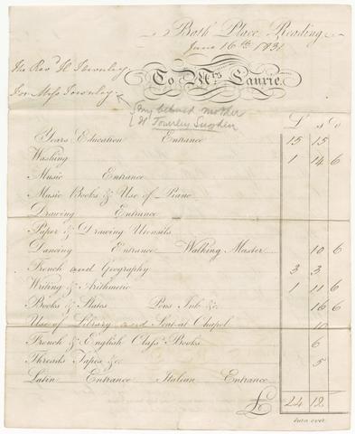 Laurie, Mrs, active 1831, creator. Bill for school expenses for Miss H. Townley at Mrs. Laurie's school, Bath Place, Reading.