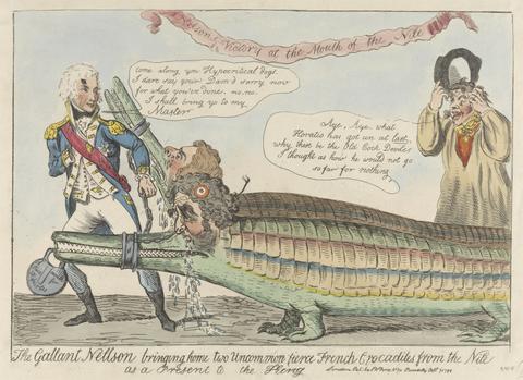 Isaac Cruikshank The Gallant Nelson Bringing Home Two Uncommon Fierce French Crocodiles from the Nile as a Present to the King