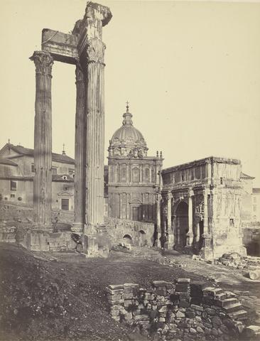Robert MacPherson The Three Columns at the Foot of the Capitol, Formerly Styled the Temple of Jupiter Tonons, and the Arch of Septimus Severus