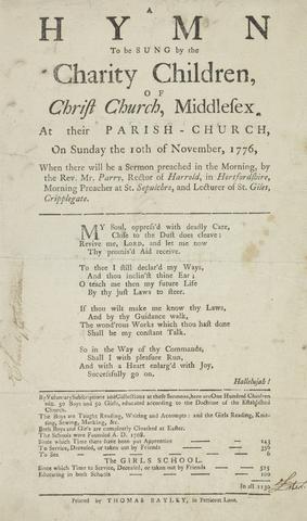 unknown artist Songsheet of a Hymn to be sung by the Charity Children of Christ Church Middlesex 10 November 1770