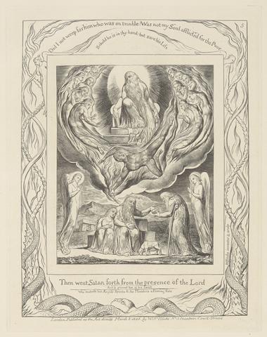 William Blake Book of Job, Plate 5, Satan Going Forth from the Presence of the Lord and Job's Charity