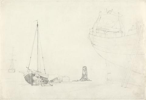 Cornelius Varley Study of Small Fishing Vessel on Shore