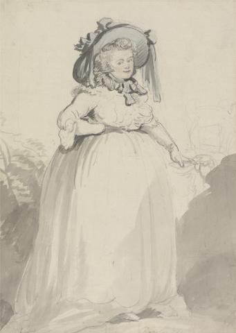 Thomas Rowlandson A Lady in a White Dress, wearing a Blue Hat