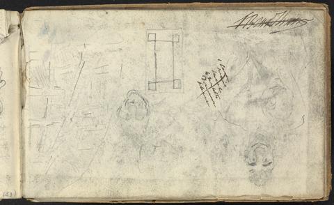 Album of Landscape and Figure Studies: Sketches of a Man's face (illegible jottings in brown ink, crossed out)