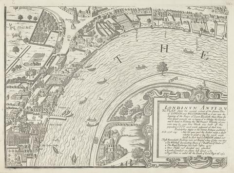 unknown artist Londinum Antique, this plan shows the ancient extent of the famous cities of London and Westminster as it was near the begining of the Reign of Queen Elizabeth (8 sheets) Vertue, Soc. Antiq., Lond. Exxudit 1737