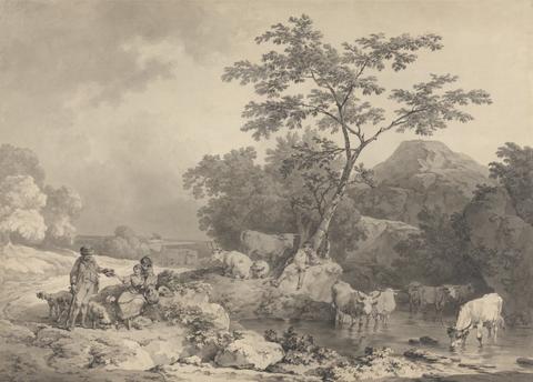 Philippe-Jacques de Loutherbourg Figures by a stream with cattle watering
