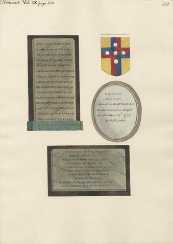 Daniel Lysons Memorials to Xpofer and Agnes Merick, George Charles Black, and Sarah Horsnell, Elizabeth Ascough, and George Merick