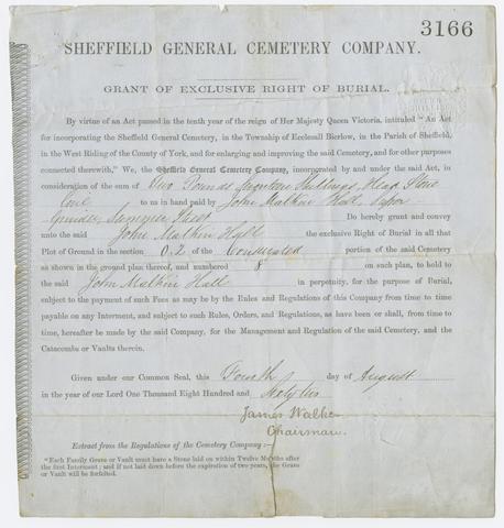 Sheffield General Cemetery Company (Sheffield, England), creator. Grant of exclusive right of burial.
