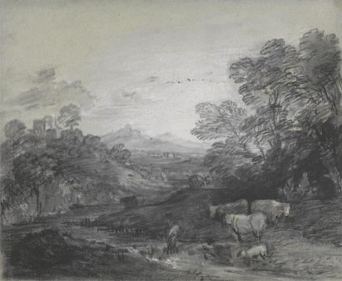 Thomas Gainsborough RA Wooded Landscape with Herdsmen and Cattle, Buildings on a Hill, and Rustic Lovers