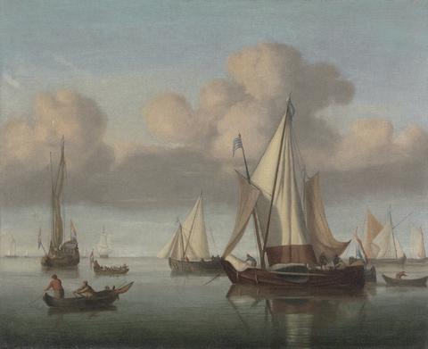 Willem van de Velde the Younger A Kaag at Anchor with Sails Hoisted and a State Yacht and Other Vessels