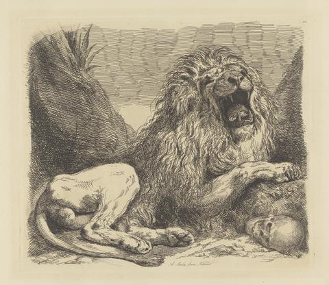 Sir George Hayter A Study from Nature; a lion among rocks, roaring, a human skull lower right