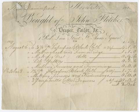 Billhead of John Fletcher, draper, tailor, &c., Manchester, recording clothing purchased by Mr. Davenport, dated 1828.