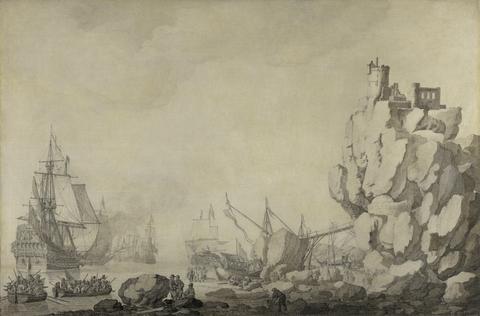 Ships and Militia by a Rocky Shore