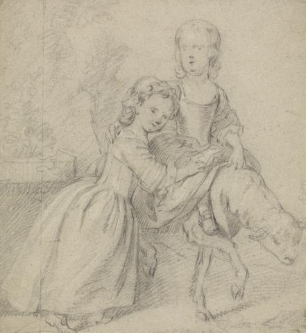 Thomas Hudson Two Girls in a Landscape, One Riding a Lamb