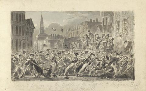 Robert Isaac Cruikshank Wash proofs to accompany Westmacott's "The English Spy": Town and Gown or the Battle of the Togate and the Town Raff in the High Street Oxford
