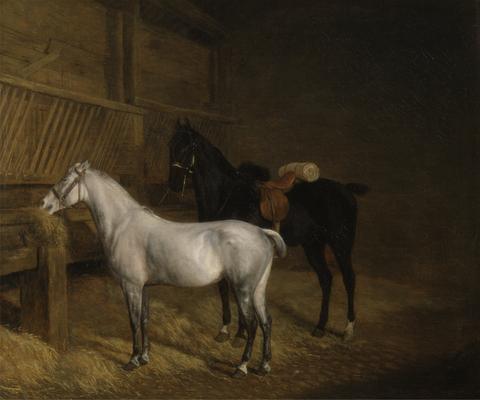 Jacques-Laurent Agasse A Grey Pony and a Black Charger in a Stable
