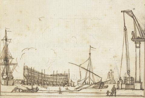 Joseph Cartwright Dock Scene: Boats and Ships of Various Sizes; Ship-Building; Pully-like Machines with Operators